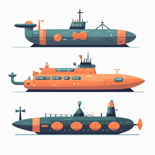 Conjunto Vetor Submarino Isolado Branco —  Vetores de Stock