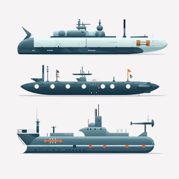Submarino Conjunto Vector Aislado Blanco — Vector de stock