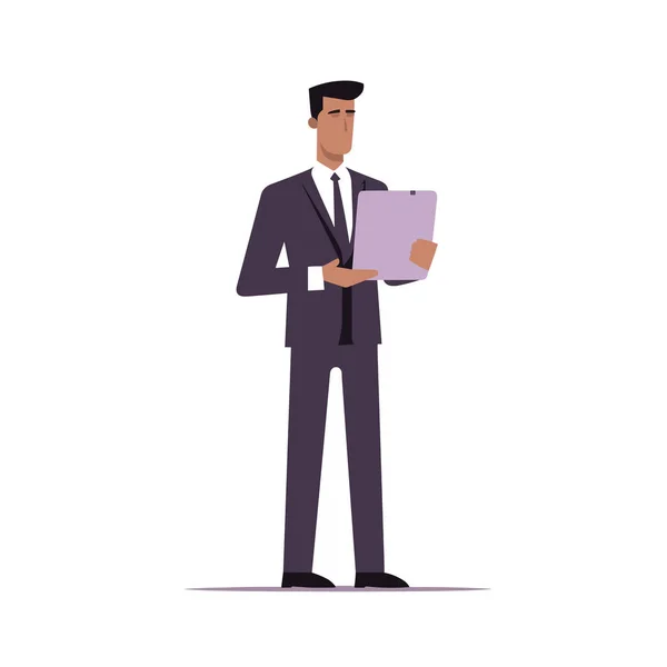 Man Suit Holding Tablet Vector Isolated — Stock Vector