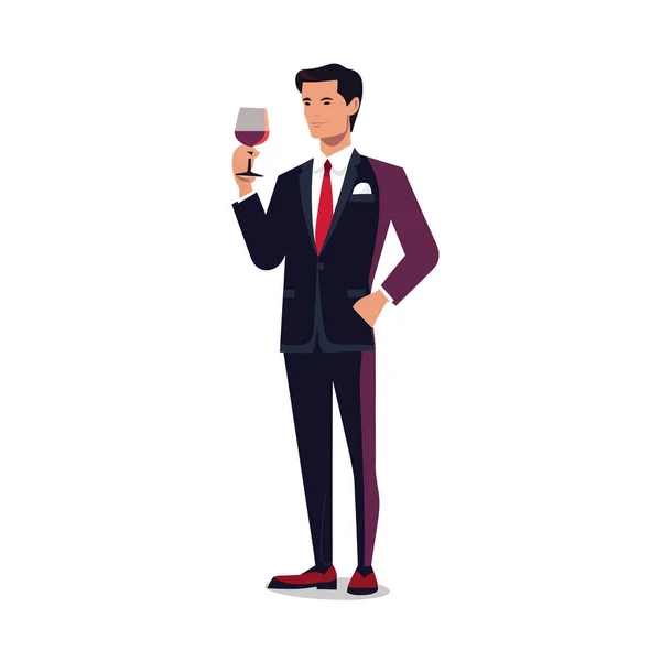 Mężczyzna Garniturze Trzymający Szklankę Wina Izolatce — Wektor stockowy