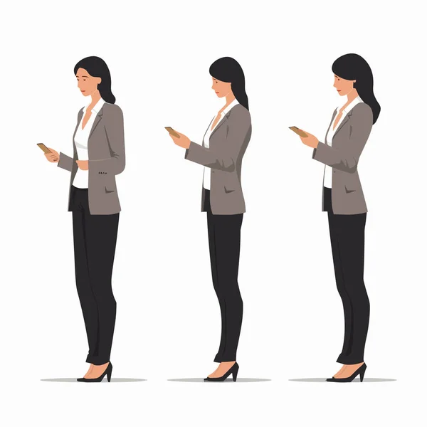 Žena Obleku Drží Telefon Nastavit Vektor Izolovaný — Stockový vektor
