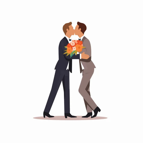 Deux Hommes Costume Mariage Vecteur Isolé Embrasser Mois Fierté — Image vectorielle