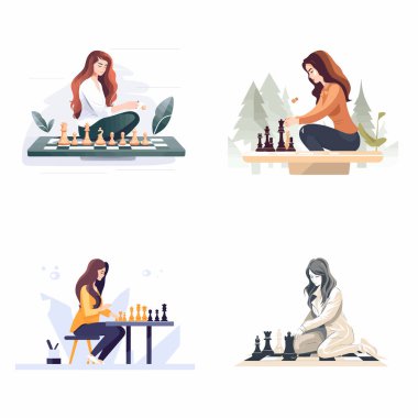 Woman playing chess set vector isolated clipart