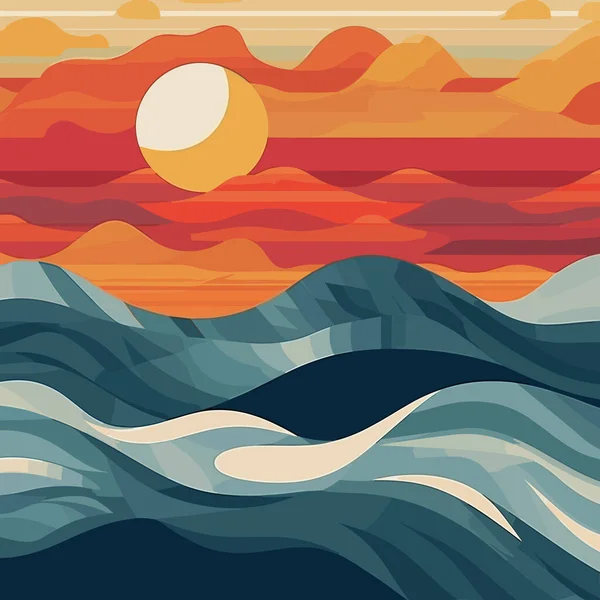 Αφηρημένο Τοπίο Ηλιοβασίλεμα Ωκεανό Διανυσματική Απεικόνιση — Διανυσματικό Αρχείο