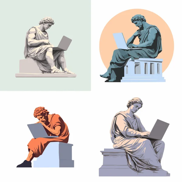 Греческая Статуя Работающая Векторе Ноутбука Изолирована — стоковый вектор