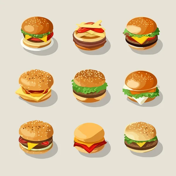 Burgers Ensemble Isométrique Vecteur Isolé — Image vectorielle