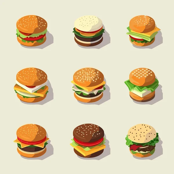 Burgers Conjunto Isométrico Vetor Isolado — Vetor de Stock