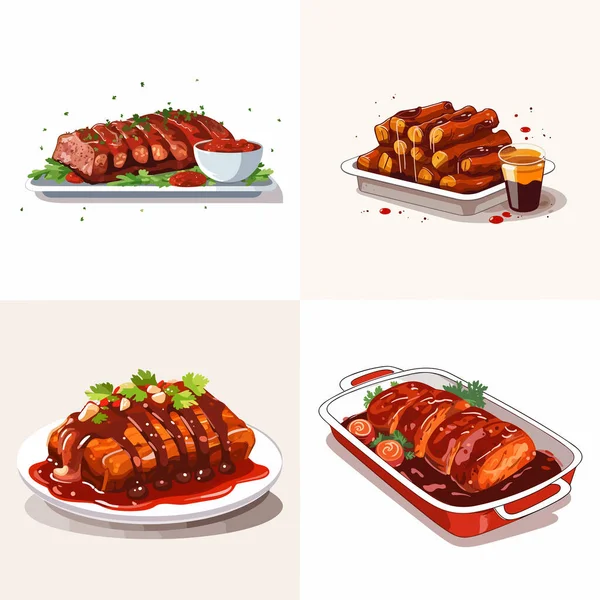Oven Roasted Ribs Vector Set Isolated White — Stock Vector