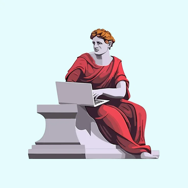 Estátua Grega Trabalhando Laptop Vetor Isolado — Vetor de Stock