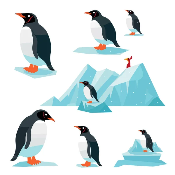 Pingüino Cerca Océano Conjunto Vector Plano Minimalista Aislado — Archivo Imágenes Vectoriales