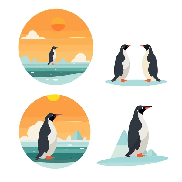 Pingüino Cerca Océano Conjunto Vector Plano Minimalista Aislado — Vector de stock