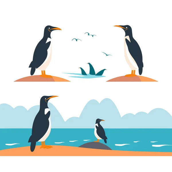 Pinguino Vicino Oceano Insieme Vettore Piatto Minimalista Isolato — Vettoriale Stock
