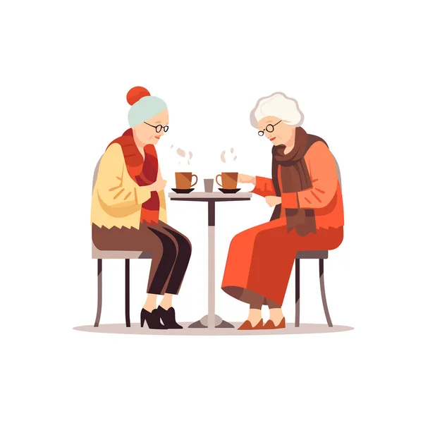 Duas Mulheres Idosas Bebendo Café Vetor Plana Isolada — Vetor de Stock
