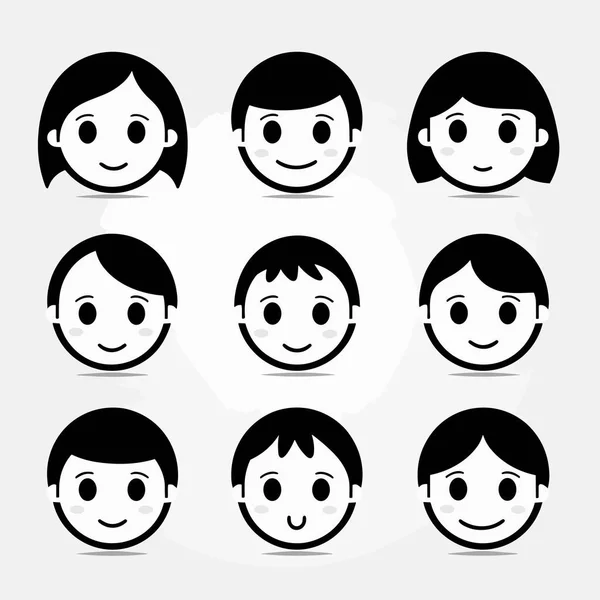 Barn Ansikte Svart Vit Vektor Ikon Uppsättning Vektor Isolerad Illustration — Stock vektor