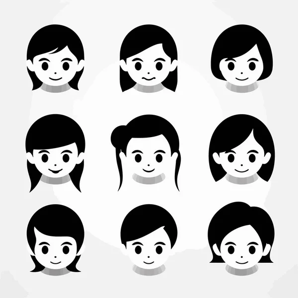 Barn Ansikte Svart Vit Vektor Ikon Uppsättning Vektor Isolerad Illustration — Stock vektor