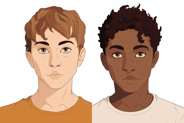 Portré Fiúk Egyedi Bőr Tónusok Vektor Izolált Illusztráció — Stock Vector