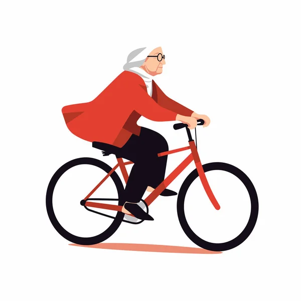 Gammal Kvinna Ridning Cykel Vektor Platt Isolerad Illustration — Stock vektor