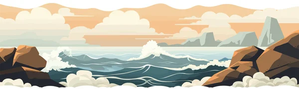 Океанічні Хвилі Над Скелястим Пляжем Векторні Плоскі Ізольовані — стоковий вектор