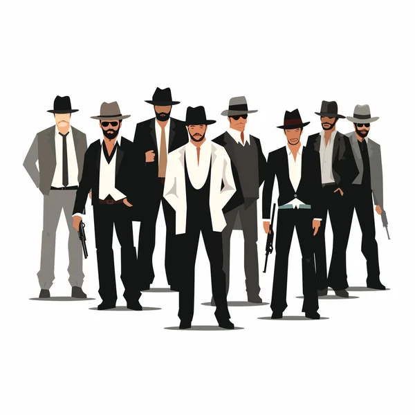 Gangster Style Gruppo Uomini Vettore Piatto Isolato Illustrazione — Vettoriale Stock