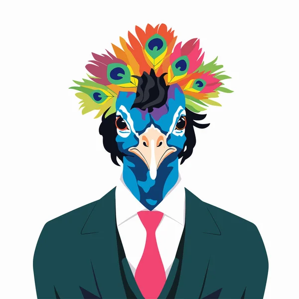 Hombre Traje Con Cabeza Pavo Real Vector Plana Ilustración Aislada — Vector de stock