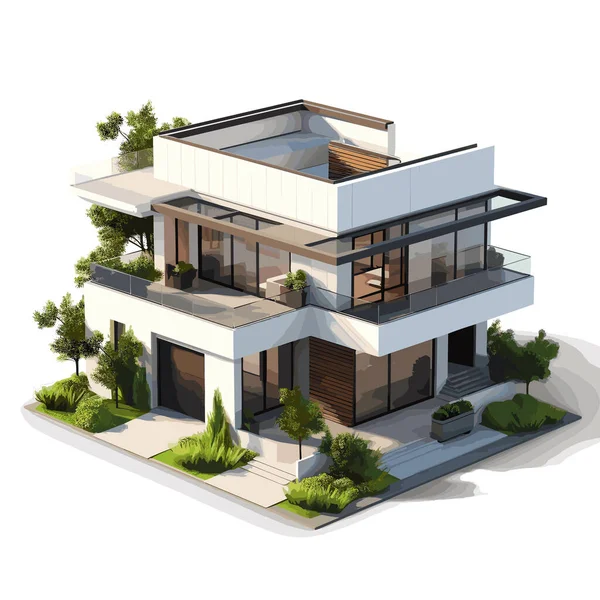 Modern House Isometric Vector Flat Minimalistik Ilustrasi Terisolasi - Stok Vektor