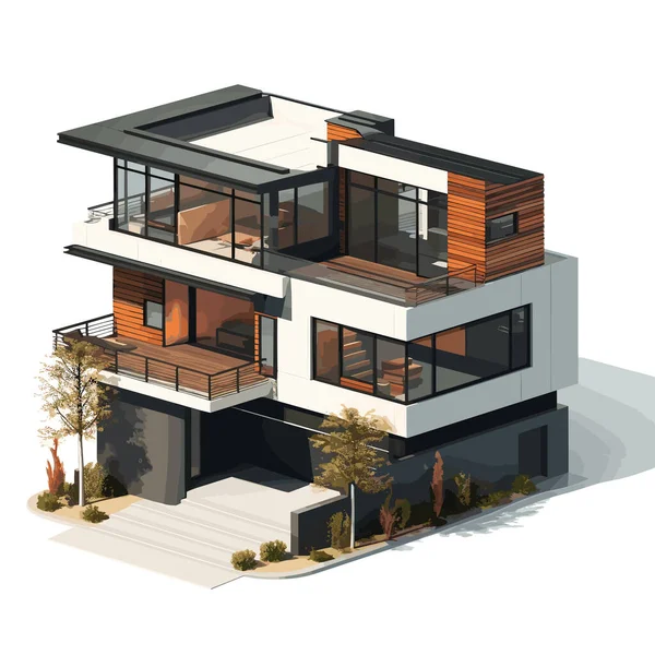 现代房屋等距矢量平面简约孤立的例子 — 图库矢量图片