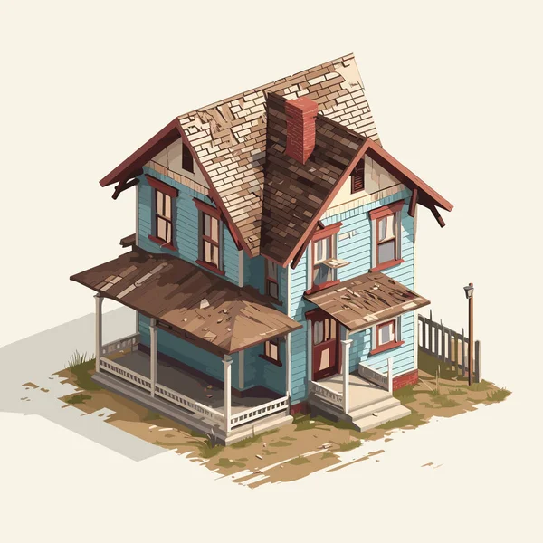 Old Broken House Isometric Vector Flat Isolated Illustration — Stock Vector