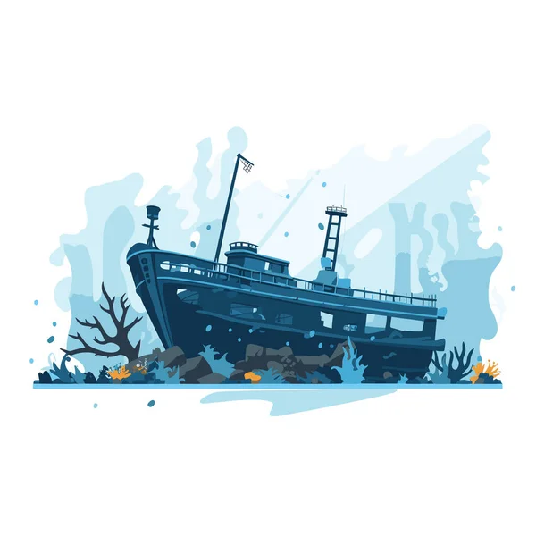 Gezonken Schip Onderwater Vector Platte Minimalistische Geïsoleerde Illustratie — Stockvector