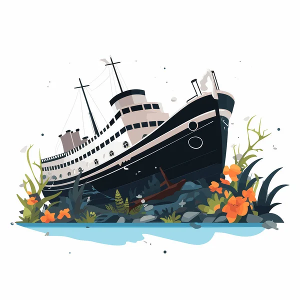Potopená Loď Podvodní Vektor Ploché Minimalistické Izolované Ilustrace — Stockový vektor