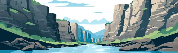 Ein Canyon Mit Einem Flussvektor Einfache Glatte Schnitt Isolierte Illustration — Stockvektor