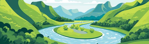 Ein Gewundener Fluss Durch Einen Talvektor Einfache Isolierte Illustration — Stockvektor
