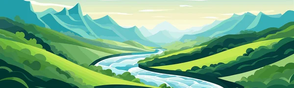 Río Sinuoso Través Vector Valle Simple Ilustración Aislada — Vector de stock