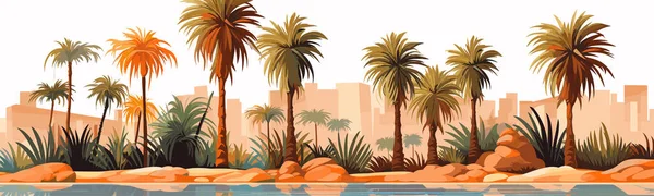Palmiye Ağaçlarıyla Çöl Vahası Basit Boyutlu Izole Görüntü — Stok Vektör