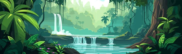 Forêt Tropicale Luxuriante Avec Vecteur Cascade Illustration Isolée Simple — Image vectorielle