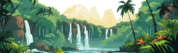 Exuberante Selva Tropical Con Vector Cascada Simple Ilustración Aislada — Vector de stock