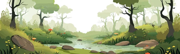Forêt Mousseuse Avec Petit Vecteur Ruisseau Illustration Isolée Simple — Image vectorielle