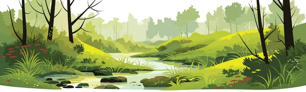 Bosque Musgoso Con Pequeño Vector Arroyo Simple Ilustración Aislada — Archivo Imágenes Vectoriales