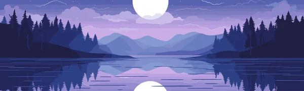 Spokojny Księżyc Oświetlenie Jeziora Wektor Proste Gładkie Cięcia Pojedyncze Ilustracja — Wektor stockowy