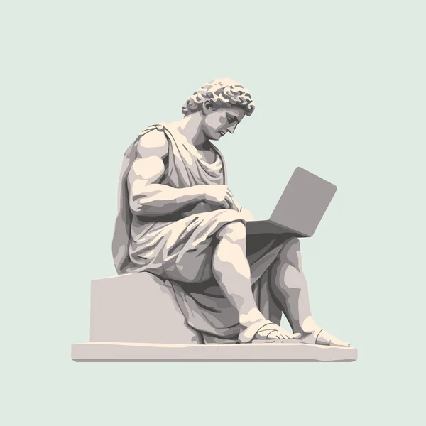 Starověký Kámen Řecký Socha Pracuje Notebook Vektor Izolované Ilustrace — Stockový vektor