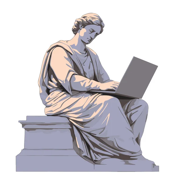 Laptop Vektörü Üzerinde Çalışan Antik Taş Yunan Heykeli Çizimleri Izole — Stok Vektör
