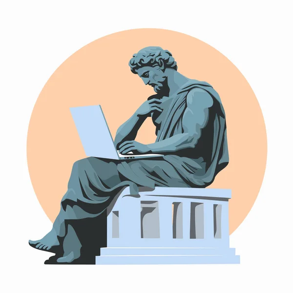 Ősi Görög Szobor Dolgozik Laptop Vektor Izolált Illusztráció — Stock Vector