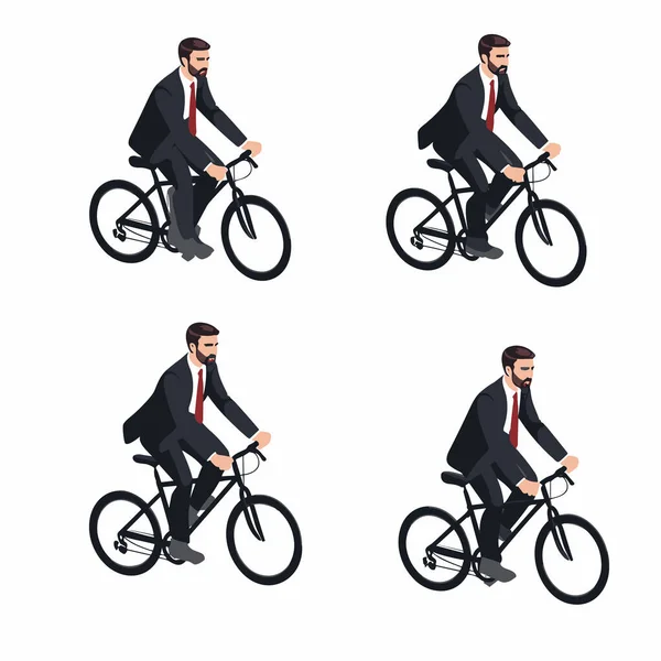 スーツの男乗馬自転車セットアイソメトリックベクターアイソレートイラスト — ストックベクタ