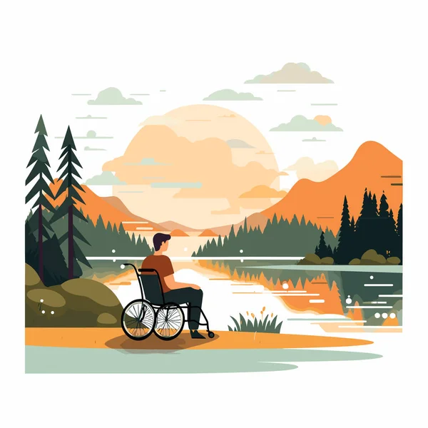 Osoba Invalidním Vozíku Blízkosti Jezera Vektor Ploché Izolované Ilustrace — Stockový vektor