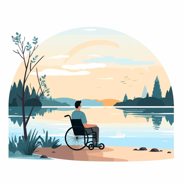Osoba Invalidním Vozíku Blízkosti Jezera Vektor Ploché Izolované Ilustrace — Stockový vektor
