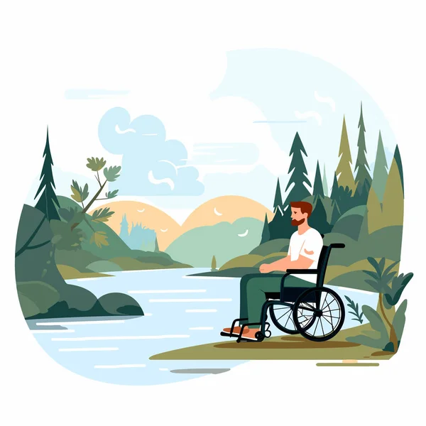 Άτομο Αναπηρική Καρέκλα Κοντά Στο Ποτάμι Διάνυσμα Επίπεδη Απομονωμένη Εικόνα — Διανυσματικό Αρχείο