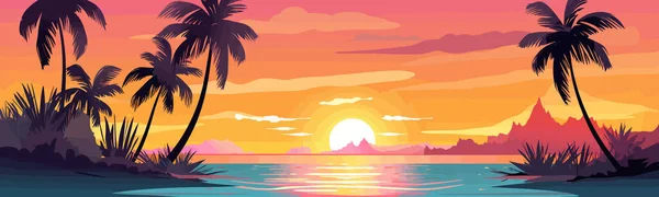 Praia Tropical Pôr Sol Vetor Simples Suave Ilustração Isolada — Vetor de Stock