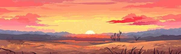Feuriger Sonnenuntergang Über Einem Prärievektor Einfache Glatte Isolierte Illustration — Stockvektor