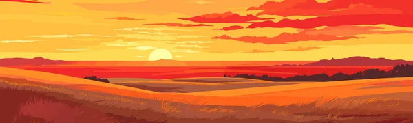 草原の上の燃えるような夕日ベクトル単純な3D滑らかな孤立したイラスト — ストックベクタ