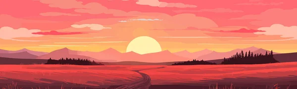 Feuriger Sonnenuntergang Über Einem Prärievektor Einfache Glatte Isolierte Illustration — Stockvektor