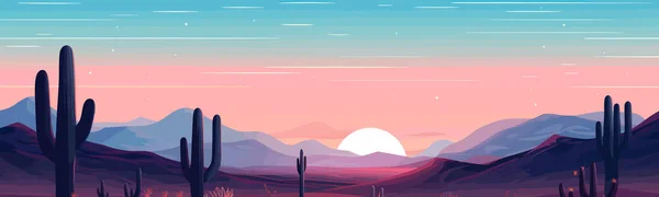 Maanverlichte Woestijn Met Cactussen Silhouetten Vector Eenvoudige Geïsoleerde Illustratie — Stockvector